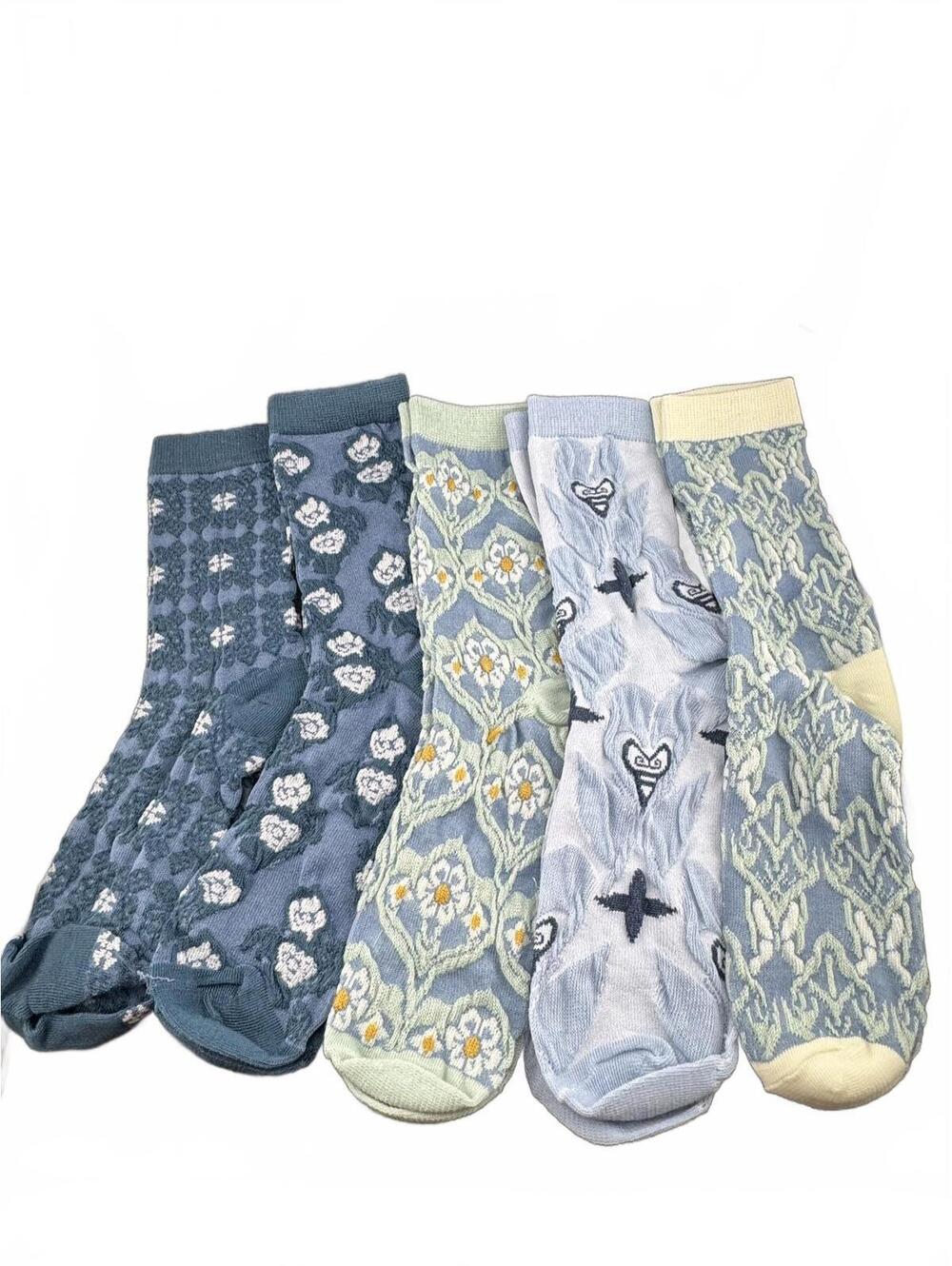 Set of 5 Patterned Crew Socks in Blue Tones - Lot 43